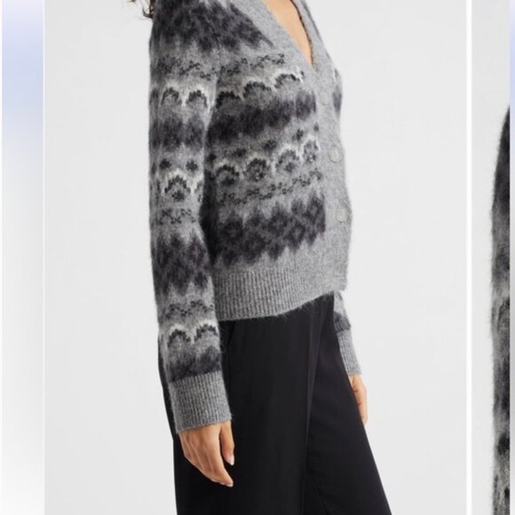 New VINCE Alpaca Knit Fair Isle V-Neck Cardigan Sweater Gray Black Womens L - Picture 3 of 7